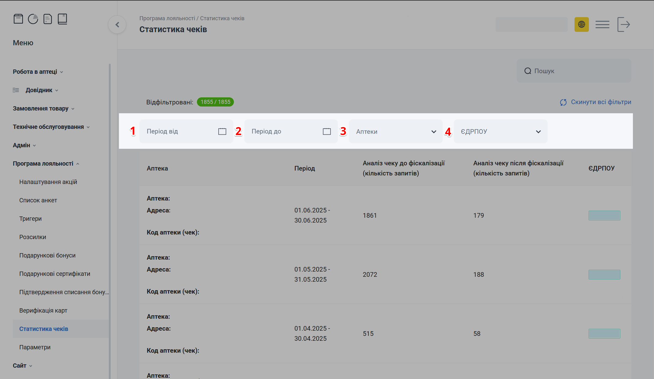 Фільтри статистики чеків