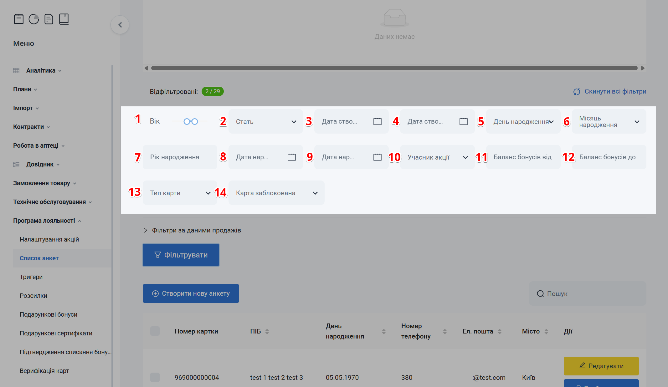 Фільтри анкети клієнта