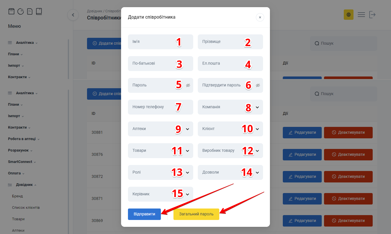 Форма додавання співробітника з полями ПІБ, пошта, пароль, ролі