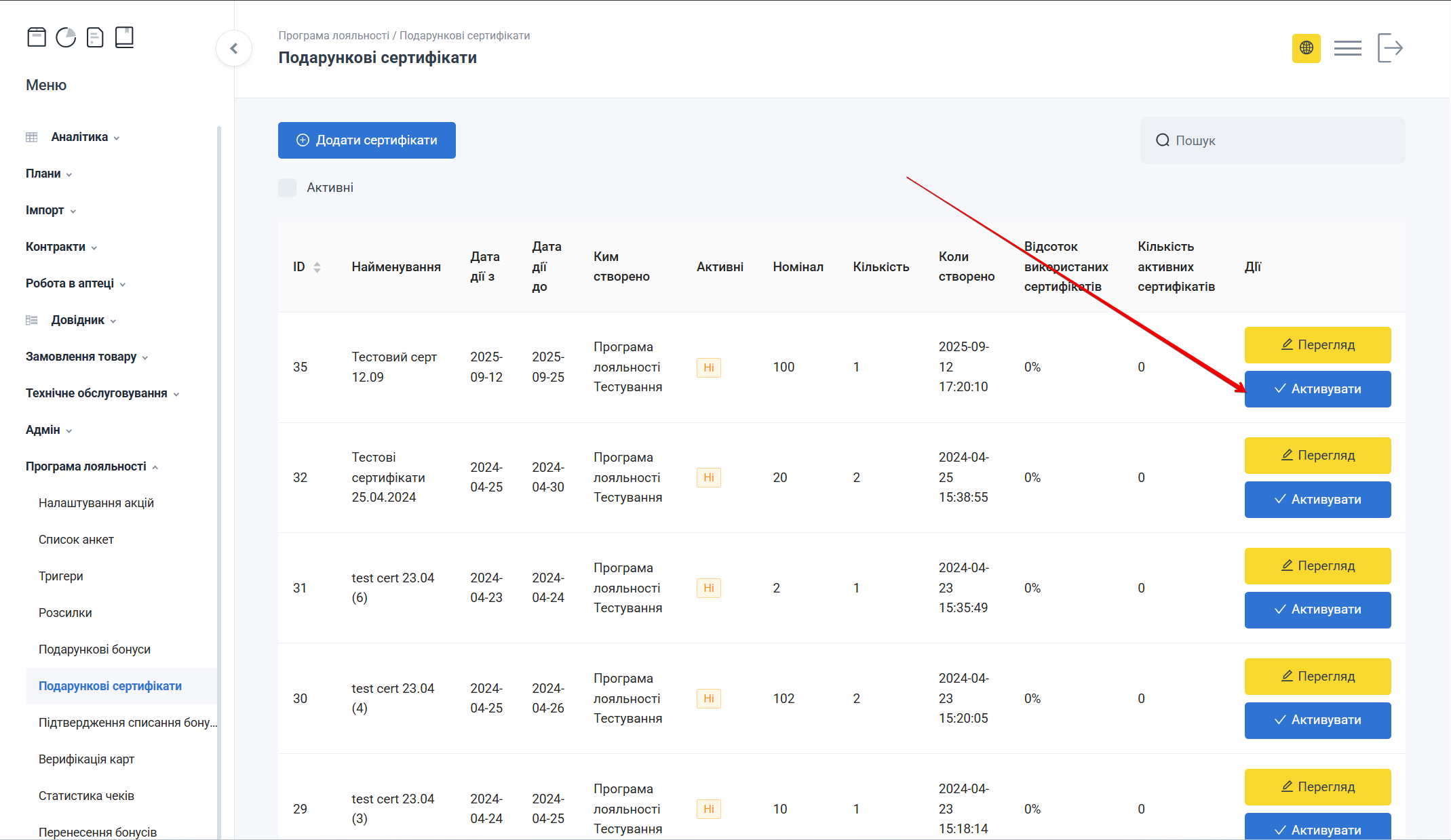 К нопка Активувати сертифікат