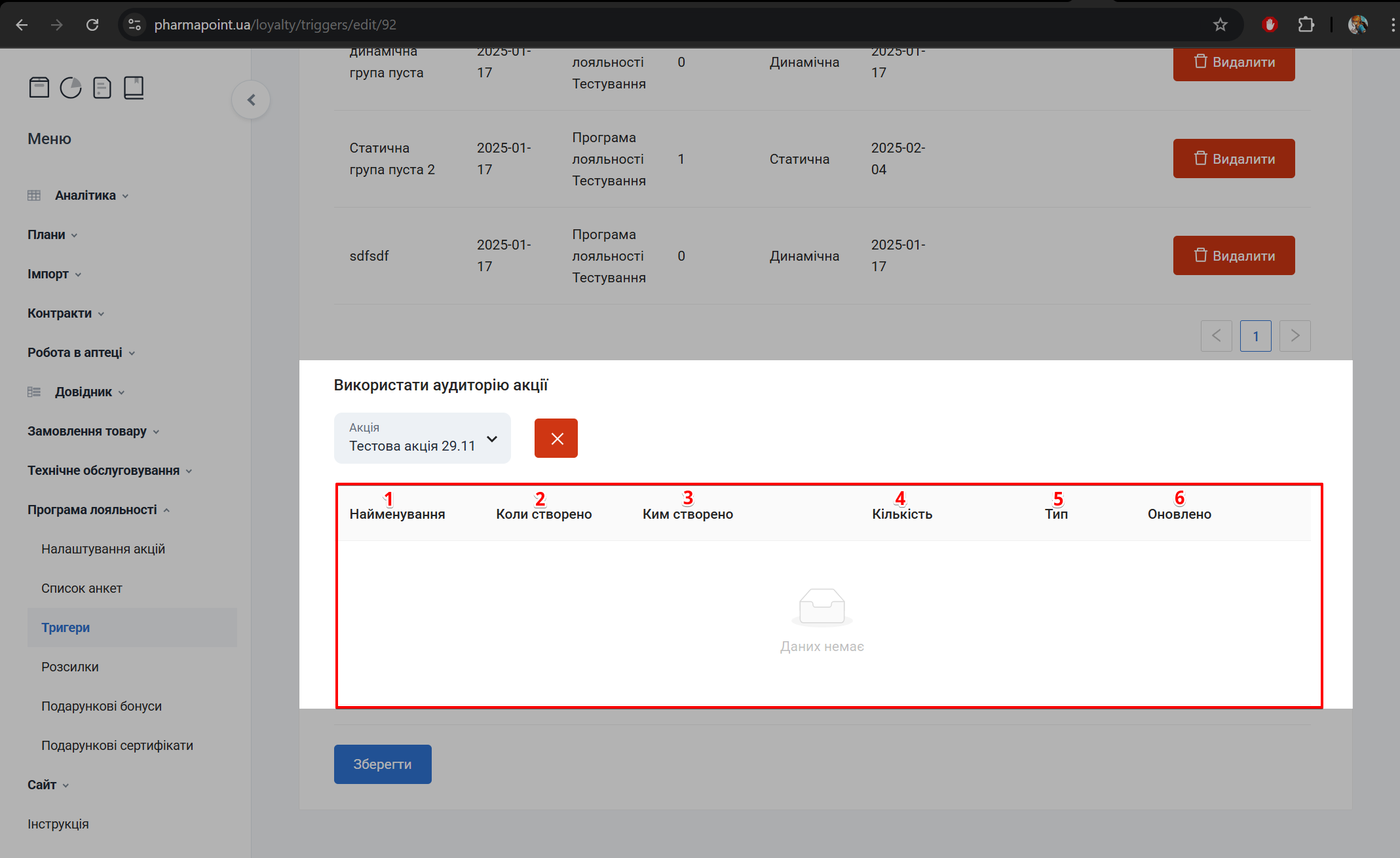 Блок Використати аудиторію акції з т  аблицею груп